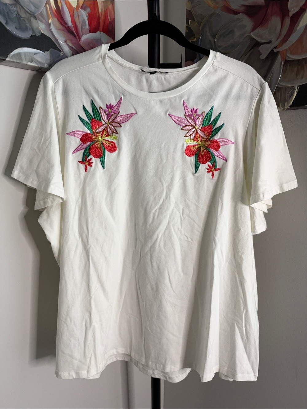 DG2 by Diane Gilman White Tee with Pink, Red & Green Floral Embroidery